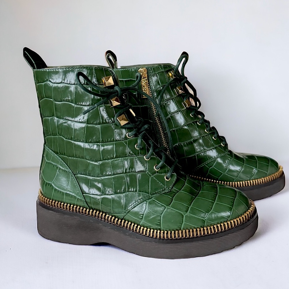 Michael Kors Haskell Croc Combat Boots  Moss Green Sz 6.5 Genuine Leather